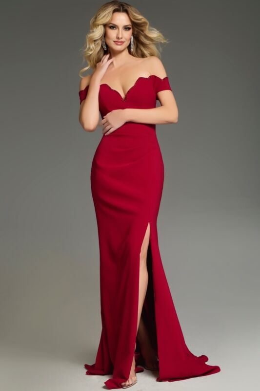 Jovani 37147 Scalloped Neckline High Slit Dress