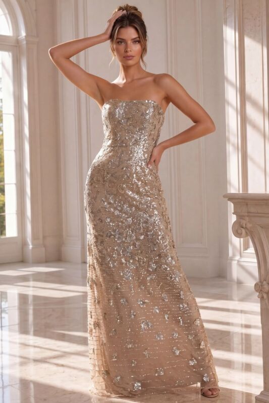 Jovani 40887 Back Slit Strapless Embellished Pageant Gown