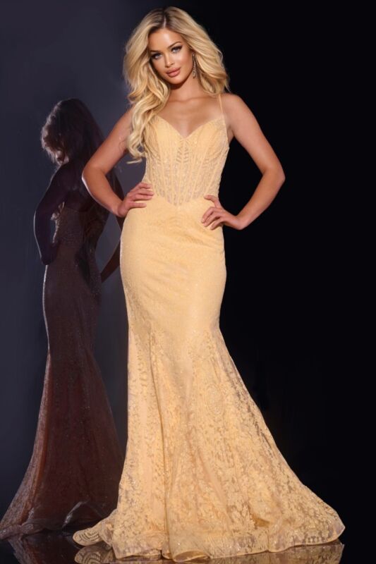 Jovani 44142 Sheer Corset Lace-Up Shimmer Lace Dress