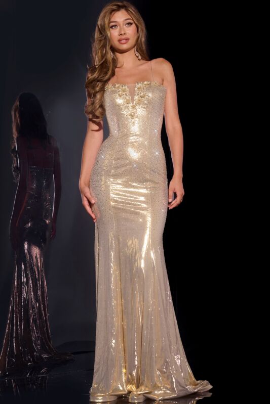 Jovani 44539 Floral Neckline Hot Fix Metallic Dress