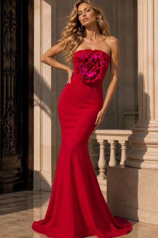 Jovani 40214 Flower Applique Strapless Neckline Dress