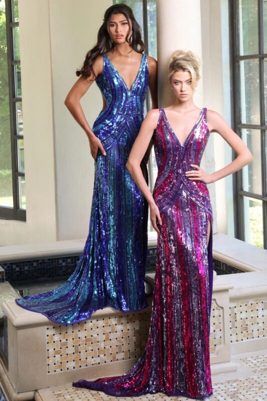 Jovani 43953 Deep V-Neckline Embellished Column Dress