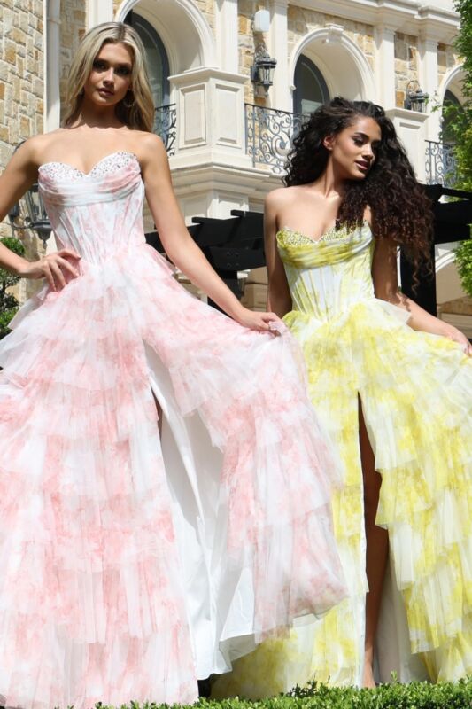 Jovani 47440 High Slit Tiered Ruffle Skirt Strapless Floral Dress