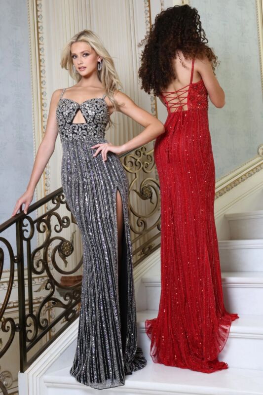 Jovani 48548 Sweetheart Keyhole Neckline Fringe Dress