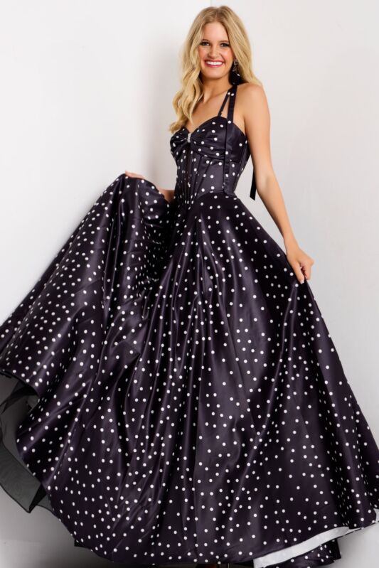 Jovani 49774 Polka Dot Corset-Style Bodice A-Line Dress