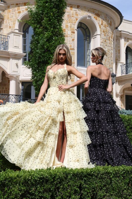 Jovani 49776 Halter Neckline Tiered Ruffle Skirt Polka Dot Dress