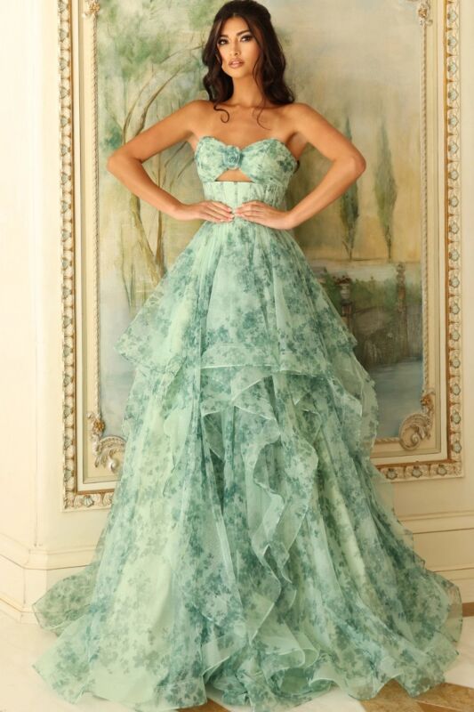 Jovani 49777 Floral Print Corset Bodice Layered Ruffle Skirt Dress