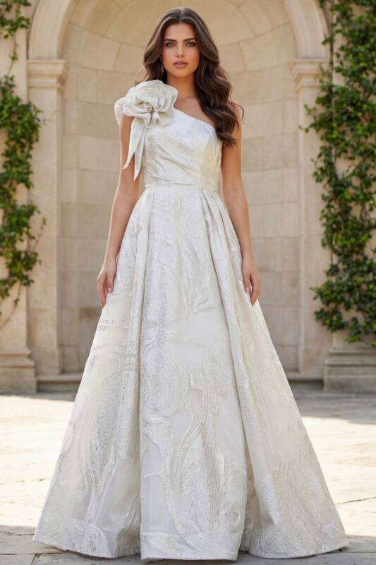 Jovani JB39218 Floral Shoulder Pleated Wedding Gown