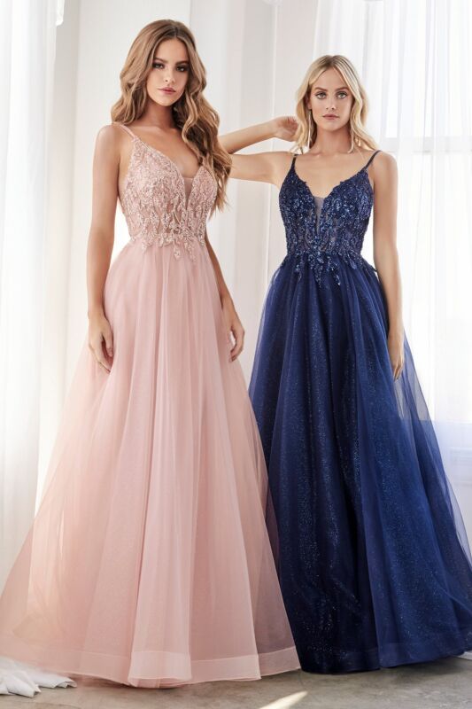 LaDivine CD0154 Strappy Back Lace Bodice Dress
