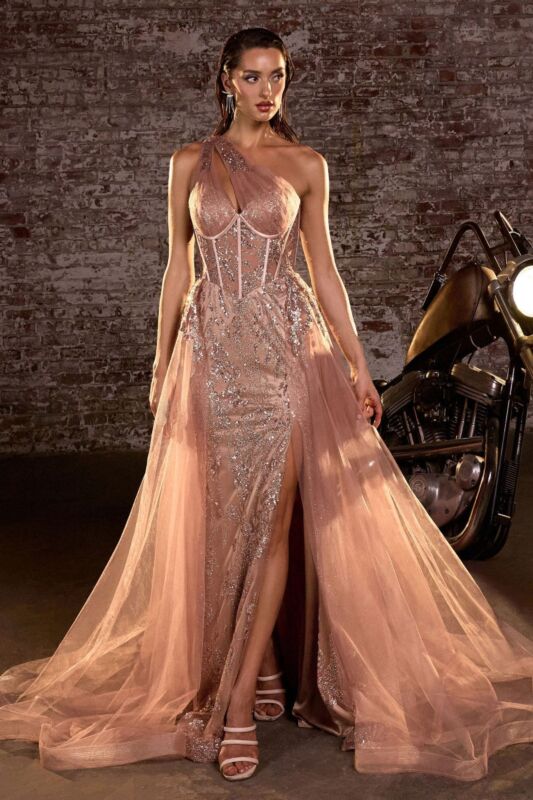 LaDivine J869 Tulle Overskirt Asymmetric Neck Dress