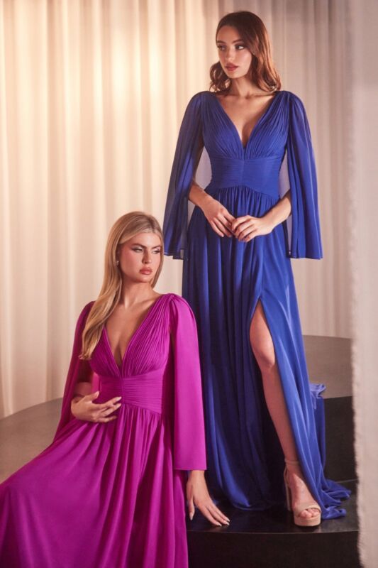 Ladivine CH028 Ruched Bodice Cape Sleeve A-Line Dress