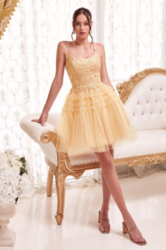 LaDivine Dress 9310 Pleated Skirt Scoop Neck Gold Short Bat Mitzvah Dress