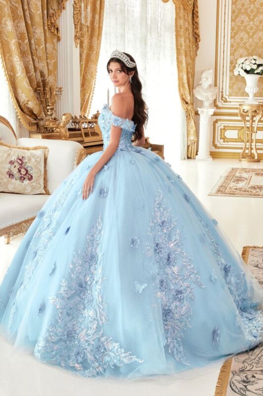 LaDivine Dress 15713 Off-The-Shoulder Basque Waist Quince Dress