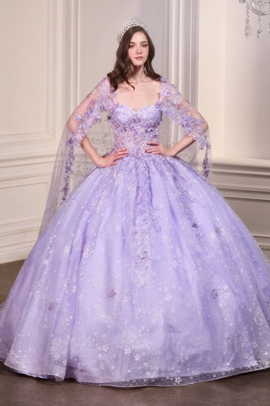 LaDivine 15719 Cape Train Floral Glitter Quinceanera Dress