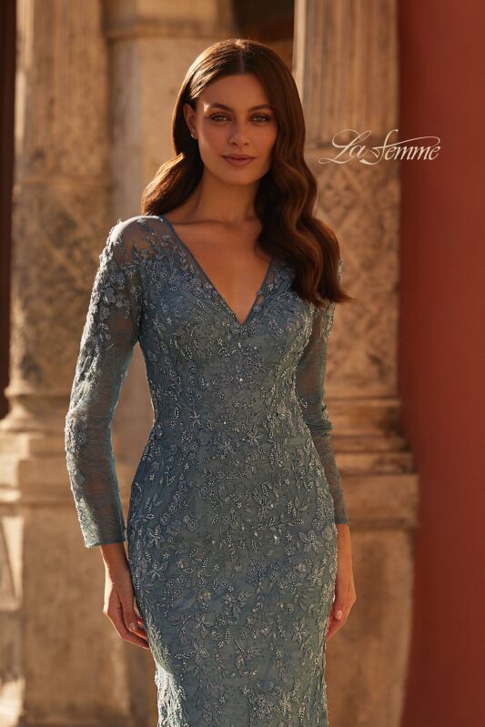 La Femme 32611 Long Illusion Sleeve Beaded Lace Dress