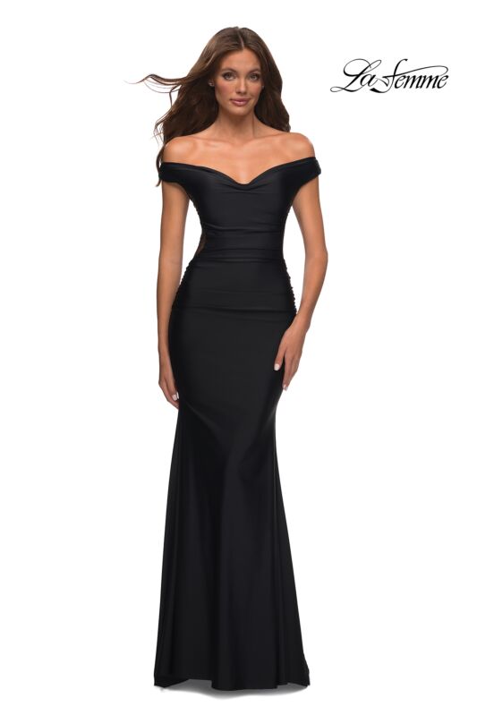 La Femme 30449 Sheer Corset Back Off-The-Shoulder Dress