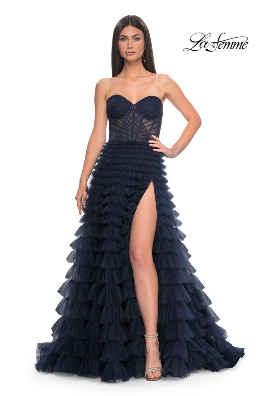 La Femme 32283 Ruffle Skirt Illusion Ruched Corset Dress