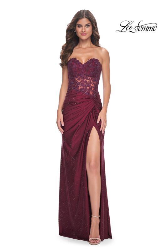 La Femme 32301 Ruched Skirt High Slit Corset Dress
