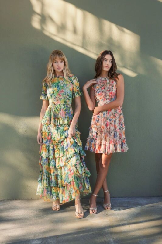 Mac Duggal 8112 Tiered Ruffle Skirt Jewel Neck Floral Dress
