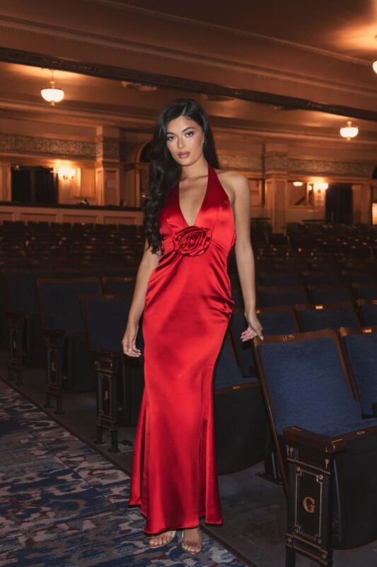 Mac Duggal 49913 Halter Neck Cowl Back Rosette Satin Dress