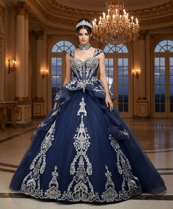 Jovani Q48438 Plunging Neck Layered Skirt Quinceanera Dress