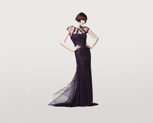Daymor Couture 160 Evening Dress Sheer Yoke Sweep Train 